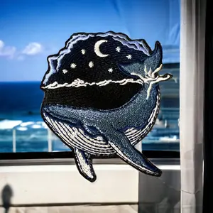 Whale Swimming Under Moonlight Patch - 3.91" x 3.49" - Iron On