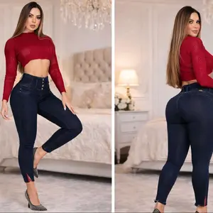 Fajaa 2193 Dark Blue Four-Button Panty with Red Embroidery on Boot Part No Pocket and Shiny Detail Push-Up Levanta Cola