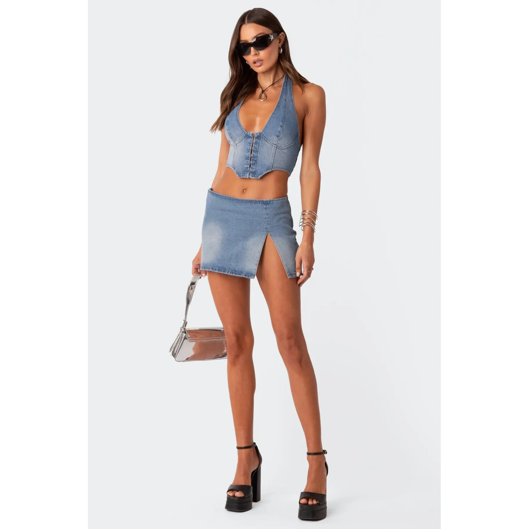 Katrina Slitted Denim Mini Skirt