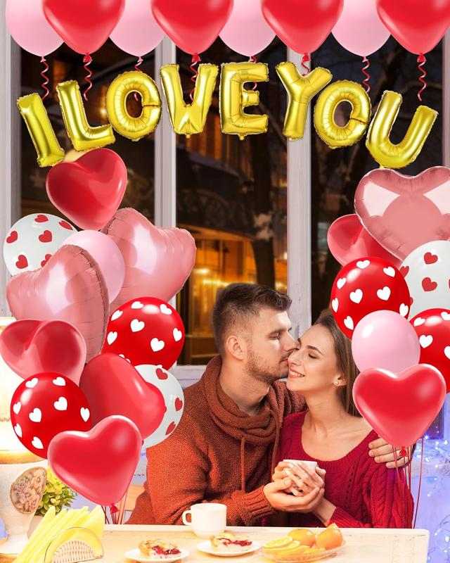 54PCS Valentine’s Day Heart Balloons Set with “I Love You” Foil Balloons, 1000 Silk Rose Petals & Hanging Decor for Wedding, Anniversary & Romantic Night Decorations