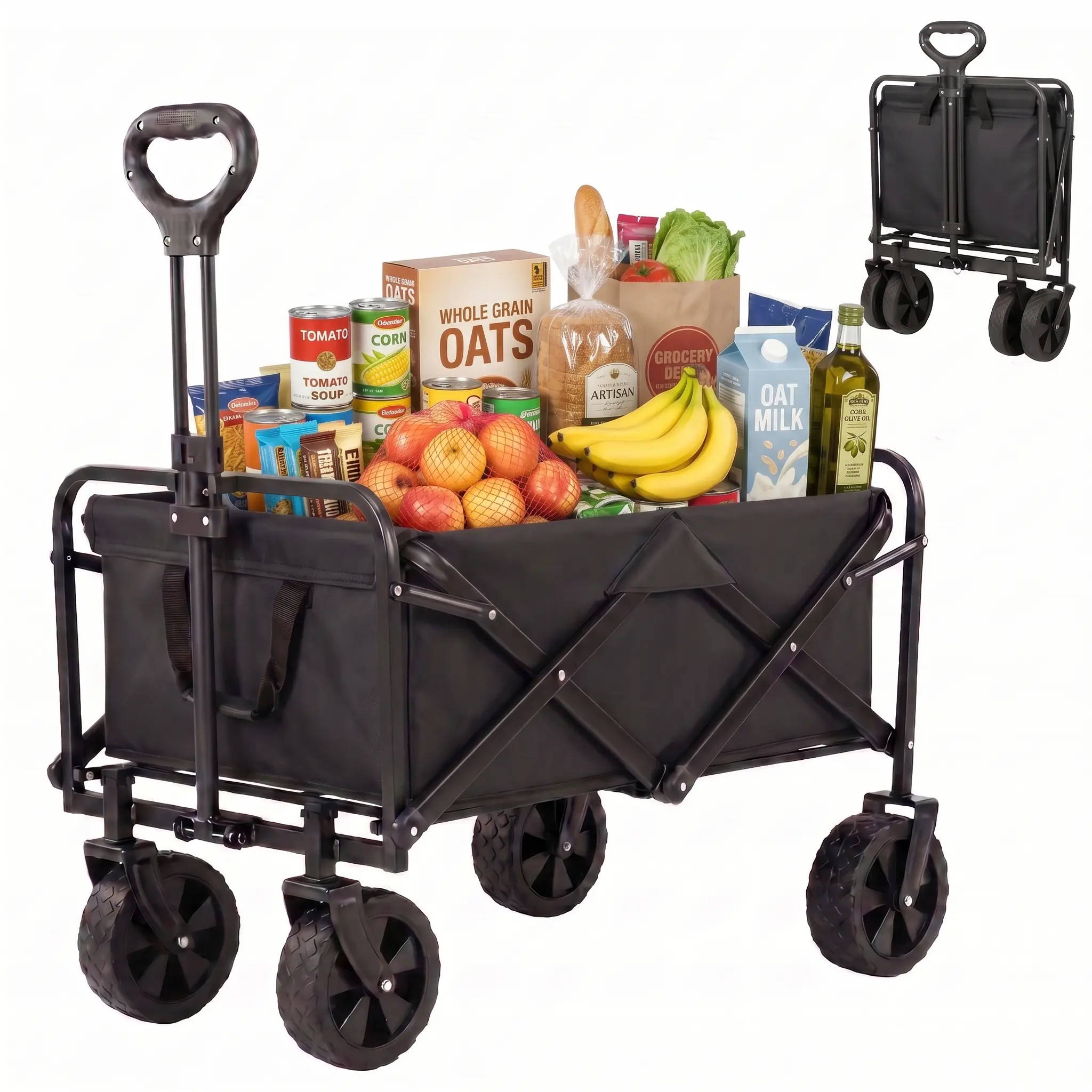 Lightweight Collapsible Folding Wagon, Heavy-Duty Steel Utility Cart with All-Terrain Tires & Braked Wheels, 450 lbs Capacity, Portable for Beach & Camping, Folding Carry, Adjustable, 2 Cup Holders, Effortless Movement, Outdoor Enthusiasts