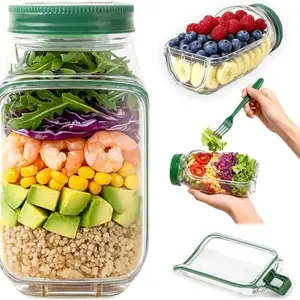 Multifunctional Salad Container with Side Open Lid, Portable Fruit Salad Storage, Leak-Proof Design with Sauce Cup and Cover, Picnic/camping/BBQ