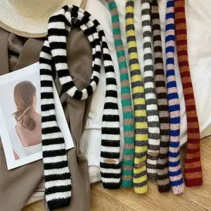 Black Grey Stripe Women Knitted Long Cotton Scarf Warm Decorative Neck Neckerchief Y2K Fashion Streetwear