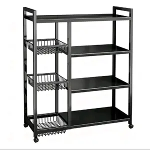 Portable Iron Movable Racks, Durable Heavy-Duty 4-Tier Organiser Storage Shelf with 3 Baskets and Wheels, Metal Utility Rack for Kitchen, Garage, 31.5''L*12.6''W*42.5''H