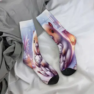 Capybara cuddling a teddy bear sitting next to a fireplace on a rug; mid-calf socks in a casual, sporty style - soft and comfortable.