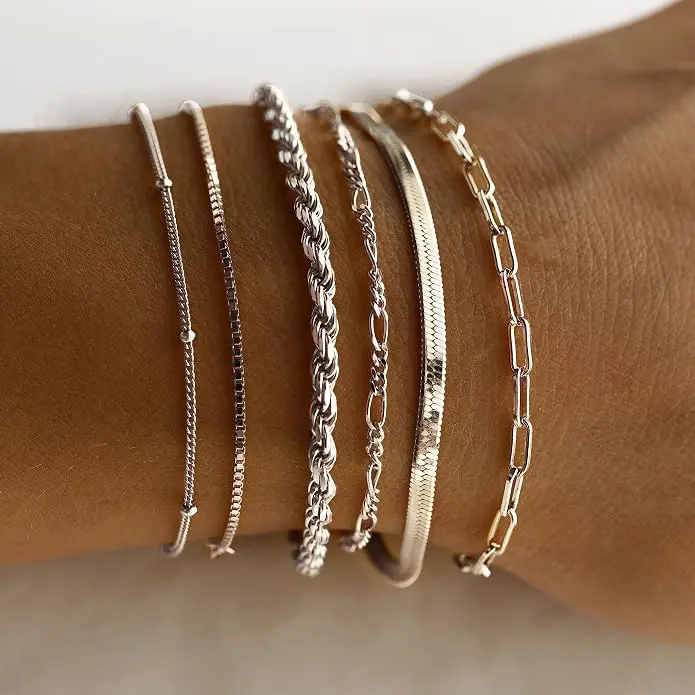 6 PCS Silver Plated Bracelet Set for Women, Waterproof Non Tarnish Stackable Link Chain Bracelets, Dainty Layering Jewelry Gift for Everyday Wear