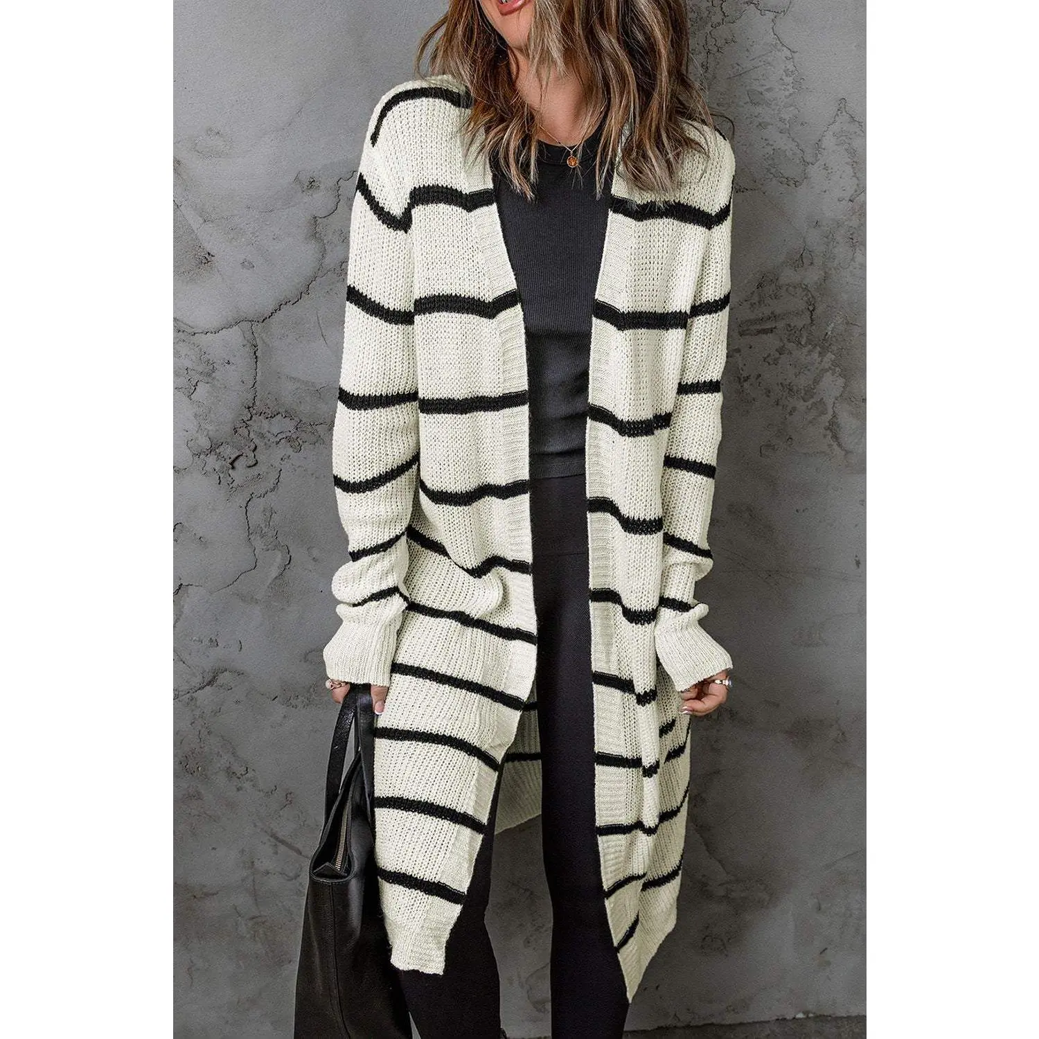 Striped Open Front Rib-Knit Duster Cardigan
