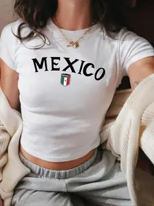 Women's Letter & Mexico Flag Print Round Neck Crop Tee, Casual Slim-Fitting Short Sleeve T-Shirt, Ladies Summer Clothes for Daily Wear
