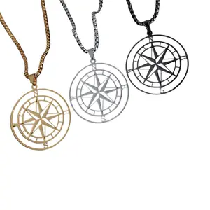 New Titanium Steel Compass Necklace for Men Women, Retro Starburst Compass Pendant, Non-Tarnish Adjustable Chain 51-60cm, Streetwear Fashion Jewelry Gift