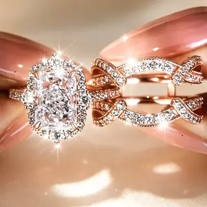 2PC Rose Golden Plated Radiant Cut Cubic Zirconia Bridal Ring Set Halo Engagement & Wedding Band