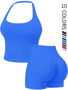 Two-Piece Set Women's Solid Color Halter Top & High Waist Sports Shorts Set, Lightweight Breathable Activewear, Summer Sports Clothes, Summer Athletic Wear, Athletic Style Quick Drying Outfits for Yoga, Gym, Workout and Running