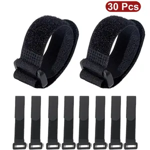 30 Pcs Fastening Nylon Strap with Buckle, 10-Pack Reusable Self-Adhesive Hook and Loop, Adjustable Cinch Straps for Cords Organization, Cable Ties Reusable