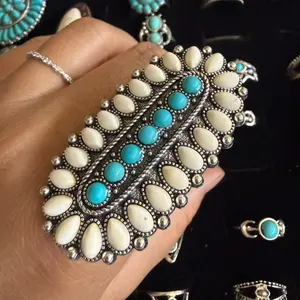 Vintage Turquoise Statement Ring Boho Western Style Large Adjustable Silver Tone Ring for Women