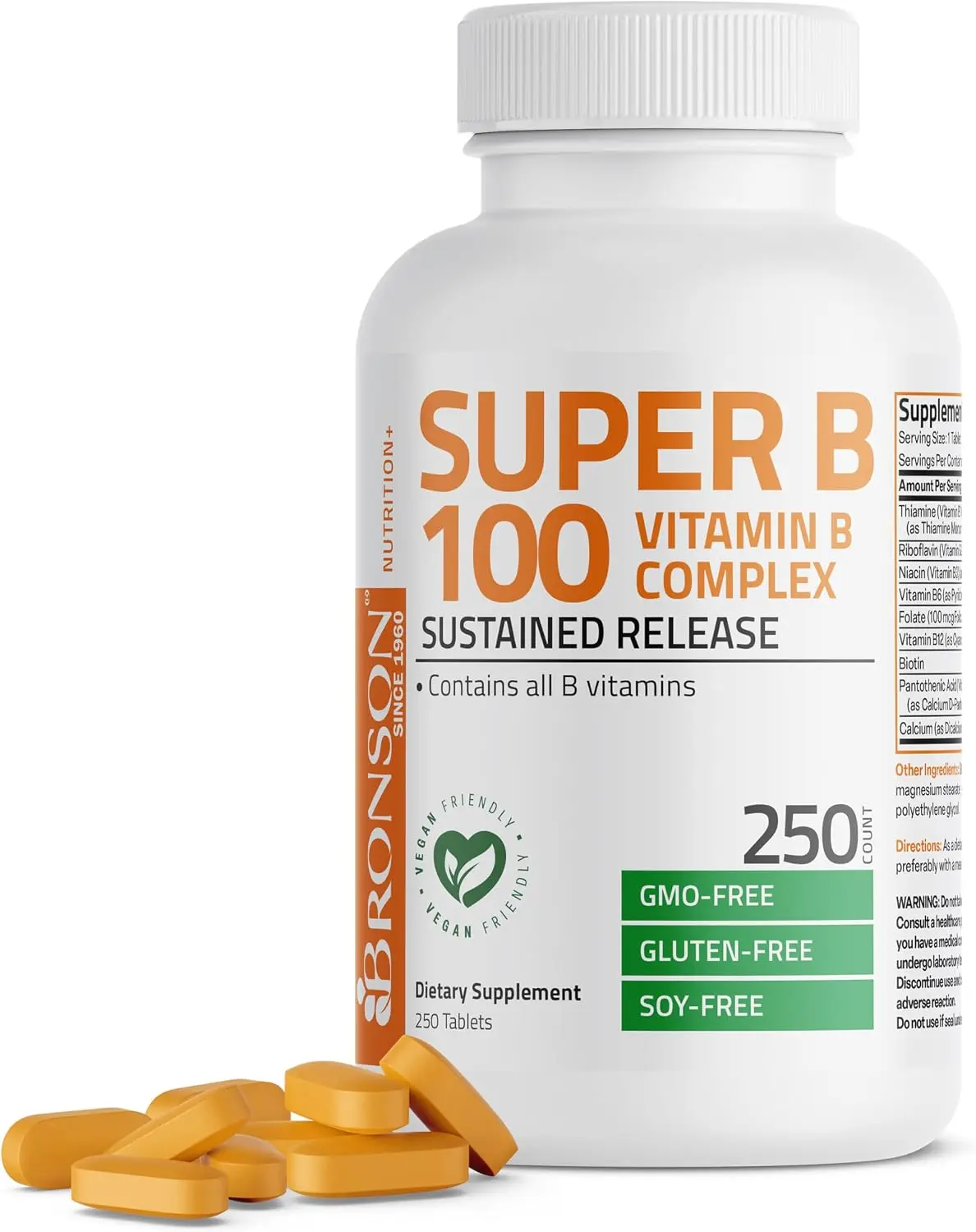 Bronson Super B100 Vitamin B Complex Sustained Release, 250 Tablets | B1, B2, B3, B6, Folic Acid, B12, Biotin & Pantothenic Acid, Energy & Nerve Support, Non-GMO, Gluten-Free & Soy-Free