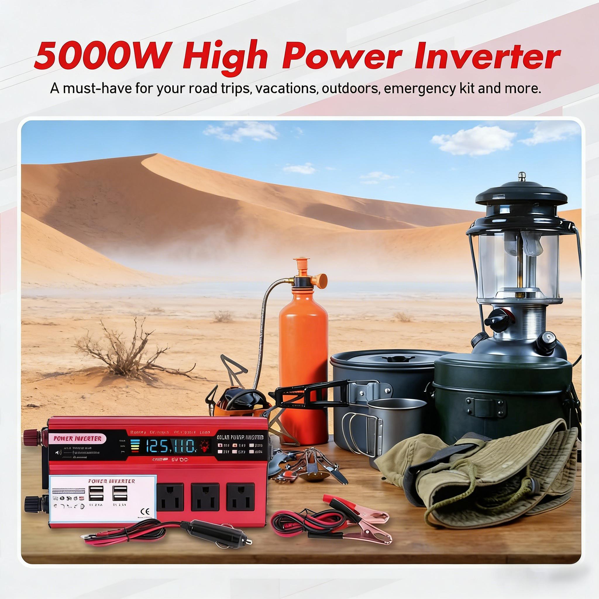 Off Grid Solar Pure Sine Inverter 5000W 12V to 24V 4000W Surge Dual AC Outlets USB Hardwire Remote for RV Truck Camping Power System Stable Voltage Converter for Vehicle Solar Backup & Outdoor Use