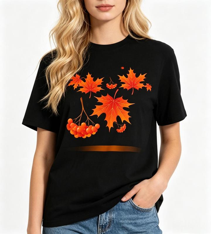 Women's Soft, Comfortable Fabric T-Shirt - Boho Cute Short Sleeve Crew Neck, Black Fall Maple Leaf Rowan Berry Autumn Foliage, Casual Fit Tops #sohochic
