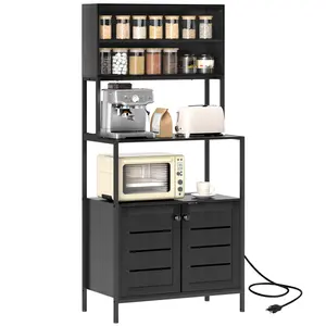 HOMCOM Kitchen Bakers Rack with Power Outlet, Coffee Bar Cabinet with Storage Shelves, Microwave Stand with Louvred Door Cabinets, Black