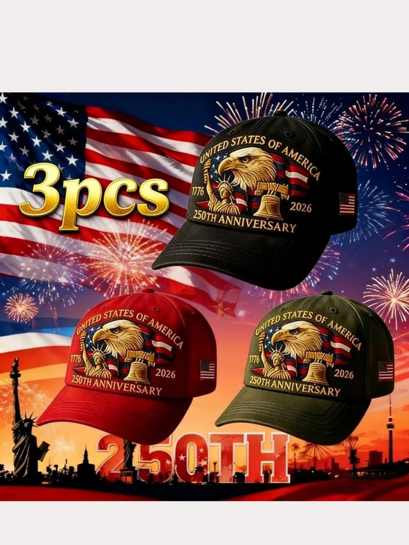 3-Piece Embroidered Baseball Cap Set, 3D Logo Design, Adjustable Snap Closure, Unisex American 250th Anniversary Hat, Flag Stars & Freedom Letters
