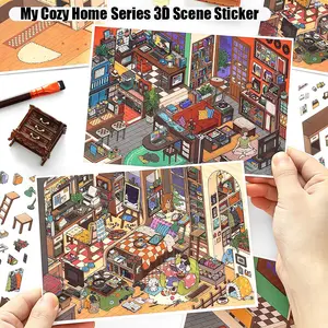 My Cozy Home Series 3D Scene Sticker, 2 Styles to Choose, MBTI, Landscape Sticker, Handmade Craft, DIY Project, Scrapbooking, Including 1 Background Card and 2 PET Stickers, Decal Sticker, Great Gift for Friends or Family
