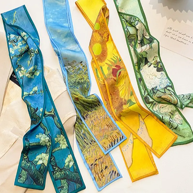 4 Pcs / 1 Set Oil Art Elegant French Style Artistic Design Printed Polyester Scarf Set, Oil Painting Striped Design, Vintage Headband, Woven Ribbon, Multifunctional Accessory for Women & Girls, Vintage Print Headscarves