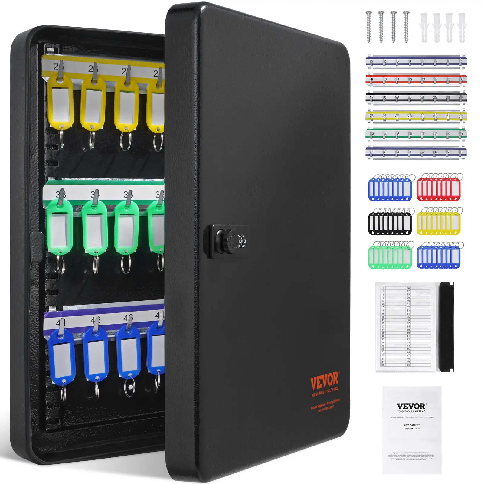 【summerfinds】VEVOR 48-Key Cabinet, Key Safe with Combination & Key Lock, Digital Security Storage Box Steel Key Organizer with Adjustable Racks, 48 pcs Colorful Key Tags and A Record Card for School, Office, Hotel