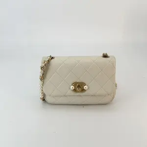 Pre-owned CHANEL calfskin Crossbody Bags Pearl Section Mini White Flap Bag
