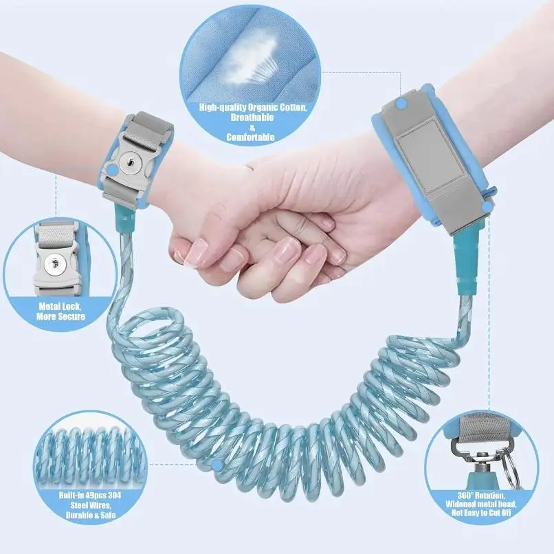 Lockable Spring Rope Anti-Lost Wristband Leash (2M), Adjustable Lockable Head Safety Strap with Key Chain, Skin-Friendly Loop Outdoor Wear Portable Sports & Outdoor Safety Supplies