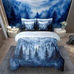 Boys Blue Forest Comforter Set with Sheets, 7 Piece,Rustic Woodland Pine Tree Bedding Set,Jungle Smoky Mountain Bed in A Bag