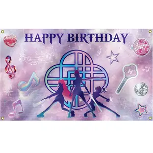 Kpop Happy Birthday Banner Tapestry 3X5FT Girl Group Pink Galaxy Concert Theme Birthday Background Tapestry with Light Stick and Disco Ball Teen Girl Fans Birthday Party Decoration Photo Background
