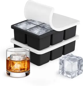 Large Silicone Ice Cube Trays 2 Pack 2 Inch Square Ice Molds with Removable Lid Easy Release BPA Free Big Ice Cube Tray for Whiskey Cocktail Old Fashioned Freezer Safe Stackable Design (Black)