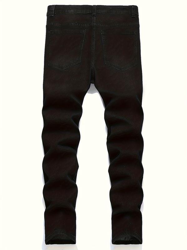 Men's Black Slim Fit Ripped Jeans - Distressed Denim Pants with Holes, Trendy Streetwear & Versatile Styling  Fashion