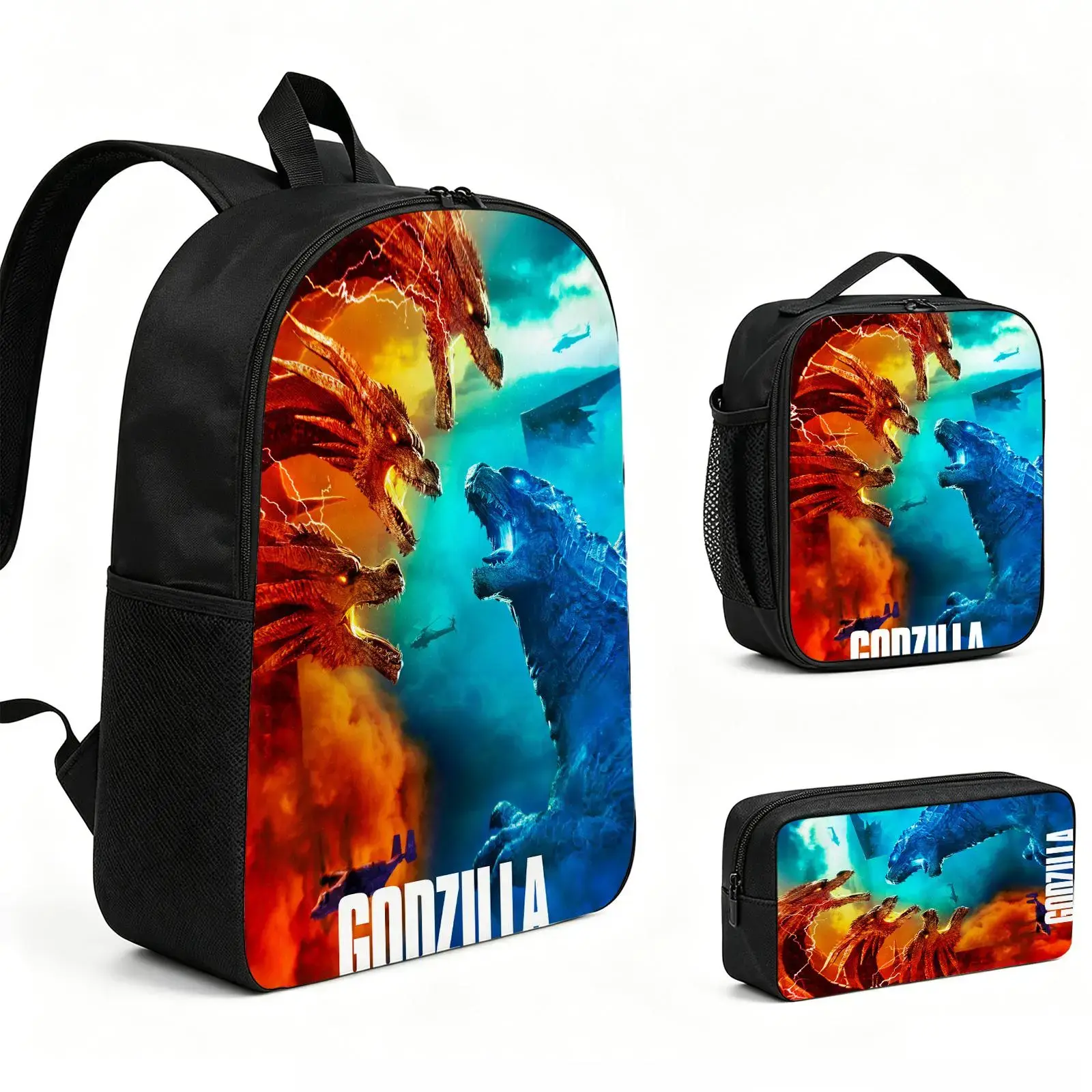 Godzilla Backpack 3pcs Set with Vibrant Print, Durable School Bookbag with Insulated Lunch Tote and Pencil Bag for Teens Boys Girls, Multi-Functional Laptop Travel Daypack Gift for Kids L-49