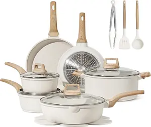 CAROTE 16 Piece Pots and Pans Set Nonstick, White Granite Cookware Sets Induction Cookware, Non Stick Cooking Set w/Frying Pans & Saucepans (PFOS, PFOA Free)