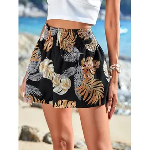 Summer Essential Women's High Waisted Shorts with Beautiful Leaf Pattern Breathable Lightweight Fabric Elastic Waistband Bikinis Bottom for Vacation