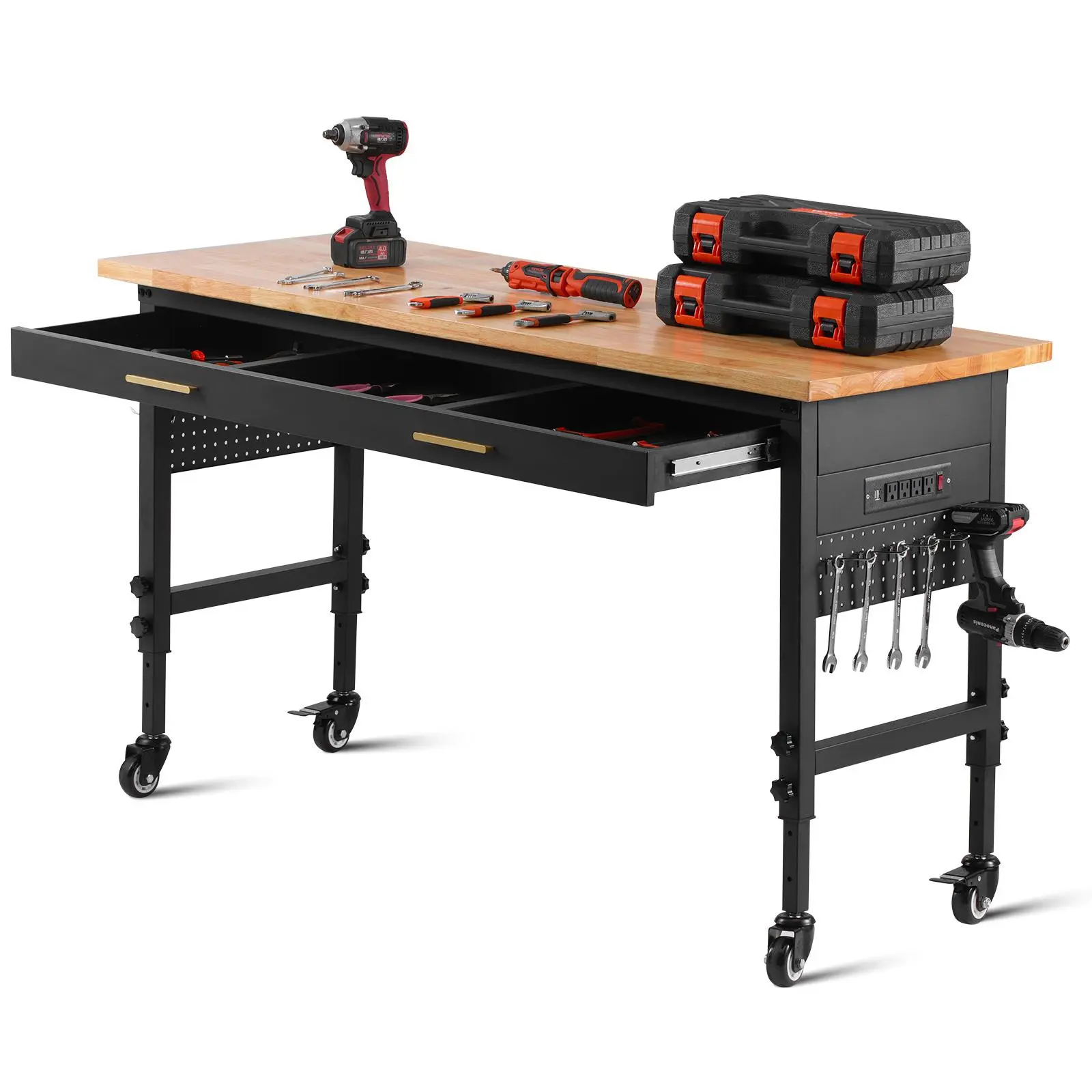 【SuperBrandDay】VEVOR 60" Adjustable Workbench, 1500 lbs Load Capacity, Work Bench with Drawer Storage, Power Outlet, Wheels, and Pegboard, Heavy Duty Oak Wood Top Work Table for Garage, Workshop, Office, and Home, Solid Oak Workbench, Workbench With Draw
