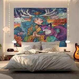 Oriental Fantasy Fairy Tapestry, Deer Head Goddess & Purple Fox Print, Chinese Traditional Mythology Elements, Ideal for Bedroom & Living Room Decor, Perfect Gift for Chinese Mythology Enthusiasts