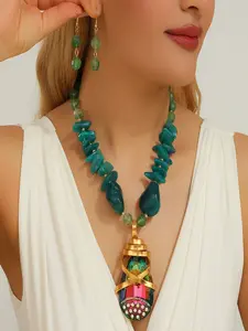 Fashion Acrylic Beaded Necklace with Glass Crystal Pendant and Earrings Set Jewelry