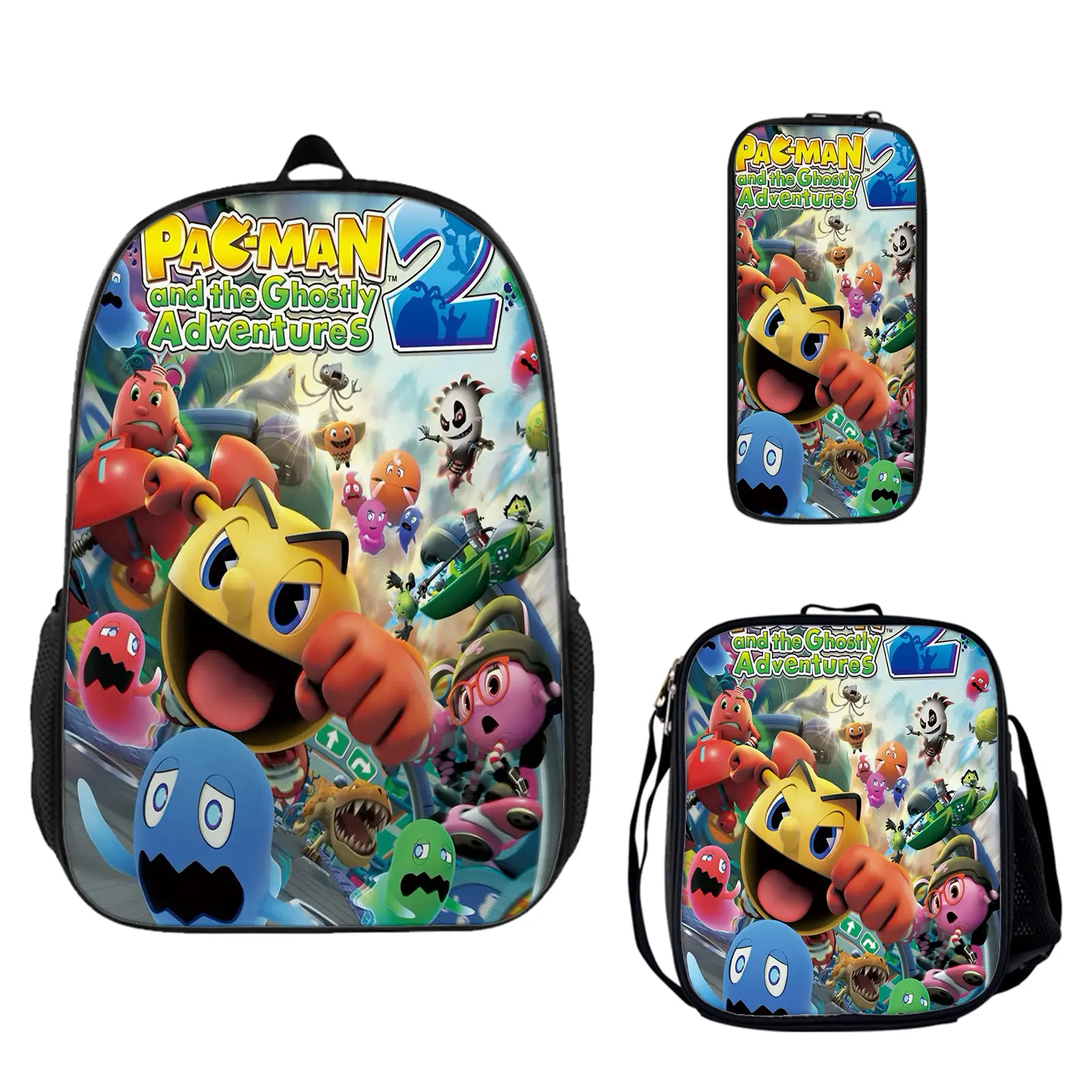Pac-Man Large Capacity 3-Piece Backpack Set - Back to School Haul Vibrant Colorful Cartoon Swag Backpack with Insulated Lunch Box, Pencil Pouch for Teen Boys, Lightweight Travel Daypack Birthday Gift for Fans c-309, Swag Backpacks