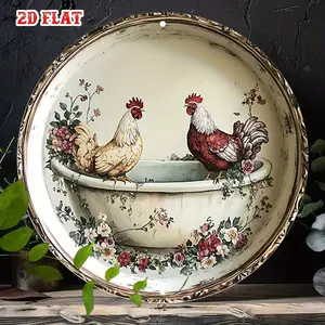 Vintage Metal Wall Sign Rustic Farmhouse Decor with Rooster and Bathtub Design Round Art for Chicken Coop Home Garage Cafe Seasonal Holiday Decoration Unique Country Housewarming Gift