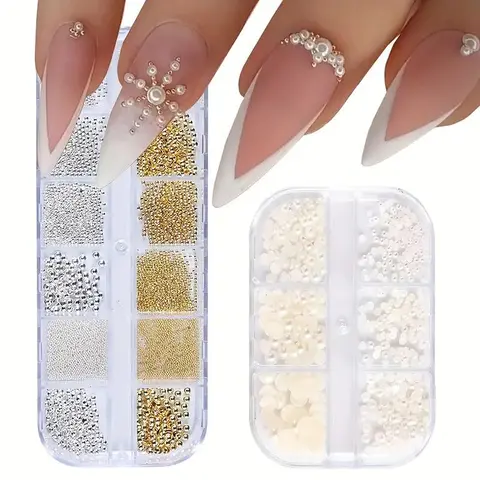 Flat-Back Artificial Pearl Nail Art Accessories, 2 Boxes Mixed-Size Steel Balls & Half-Round Artificial Pearls, DIY Nail Art Supplies, Nail Art Design, Safe Nail Accessories for Women, Nail Decoration Supplies