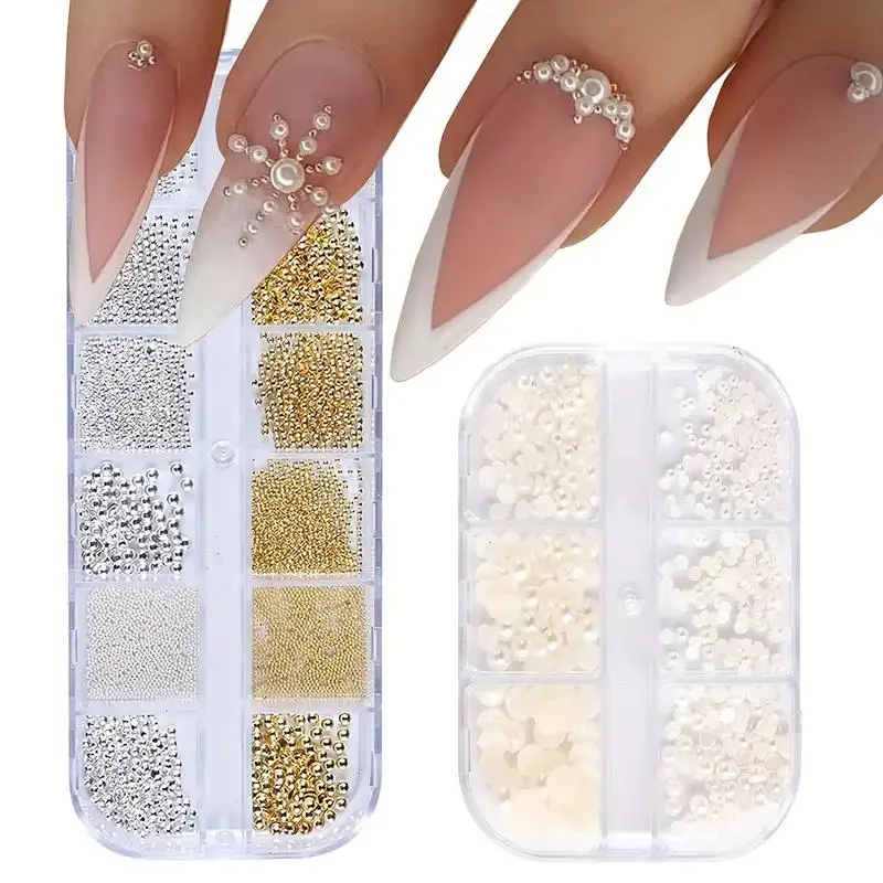 Flat-Back Artificial Pearl Nail Art Accessories, 2 Boxes Mixed-Size Steel Balls & Half-Round Artificial Pearls, DIY Nail Art Supplies, Nail Art Design, Safe Nail Accessories for Women, Nail Decoration Supplies