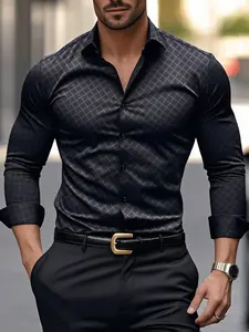 Men's Fashion Casual Diamond Grid Long Sleeve Shirt, Stylish and Comfortable, Perfect for Daily Wear, Trendy Men's Clothing