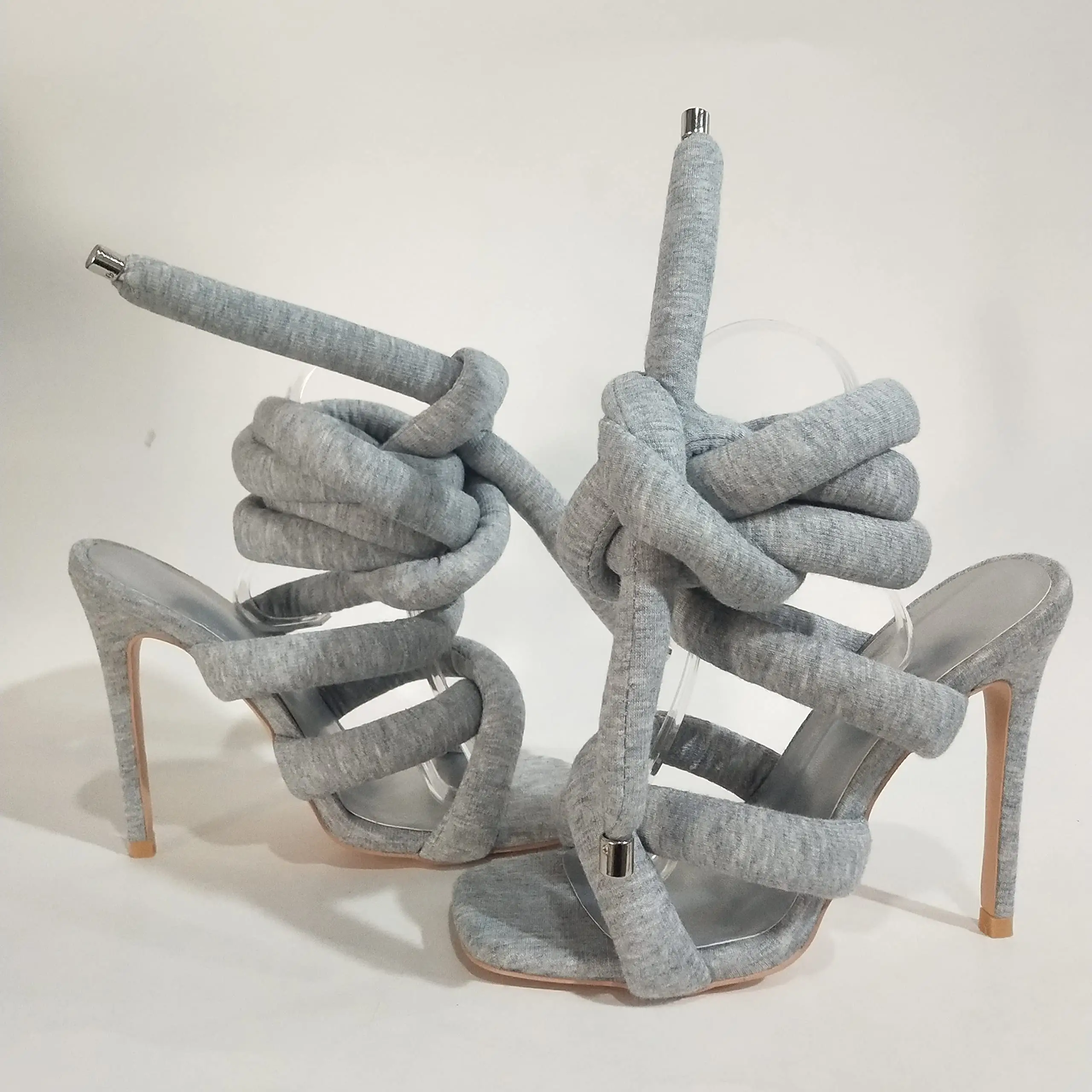 Pasuvo Grey Knit Glamour Strappy Gladiator Sandals with Lace-Up Fallopian Cloth, Open Toe Square Stilettos Ultra-Stylish Plush Wrap-Around Stiletto He