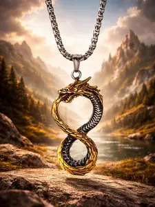 The Armored Kingdom Dragon Motif Necklace, Golden Eternal Coil Stainless Steel Pendant, Dual-Tone Finish, Long Chain Link, Symbol of Infinity & Rebirth, Ideal for Daily Wear