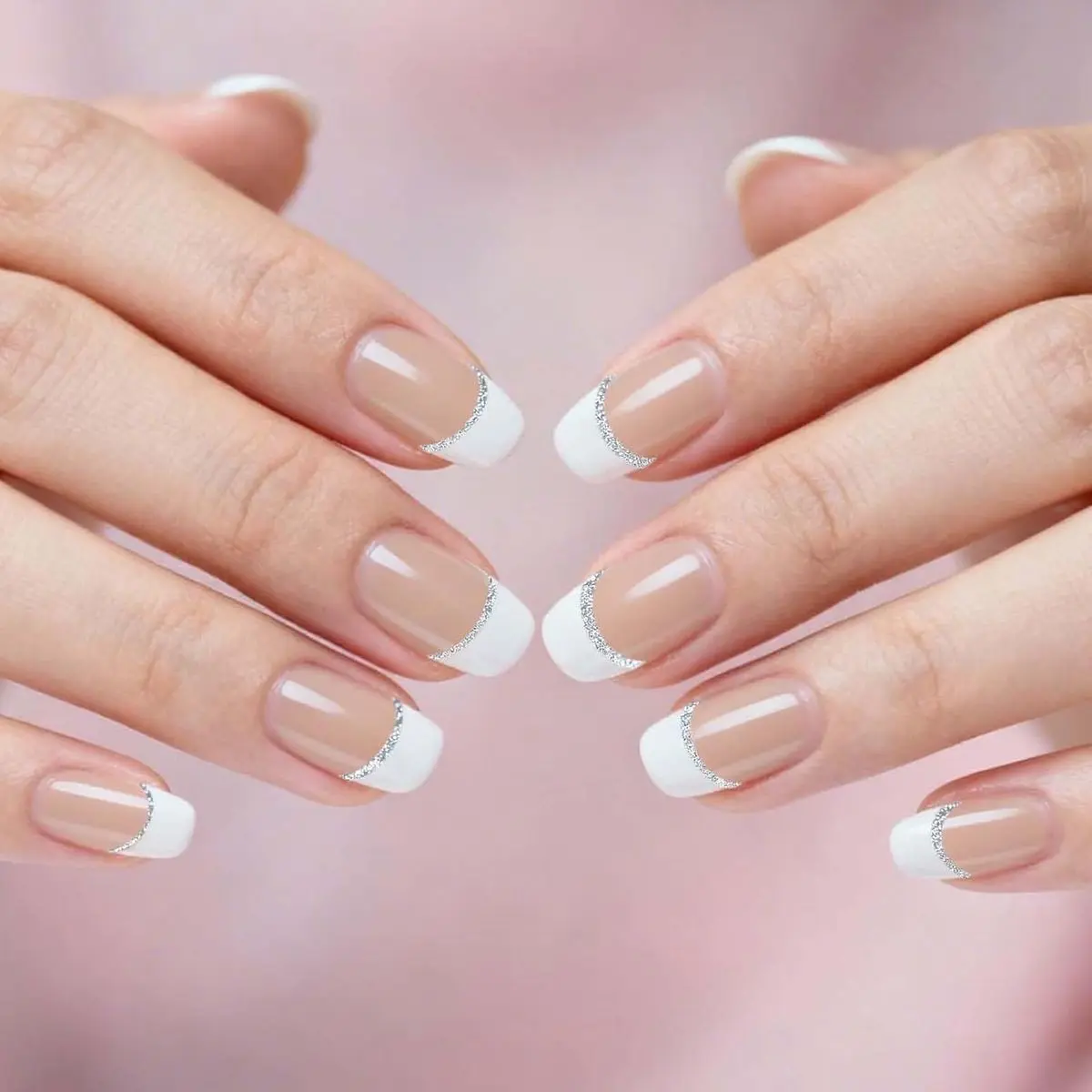 Semi Cured Gel Nail Strips White French Tip with Clear Base & Silver Glitter Line, 20 Pcs DIY Gel Nail Wraps, Beginner-Friendly, Salon-Quality, UV Light Required