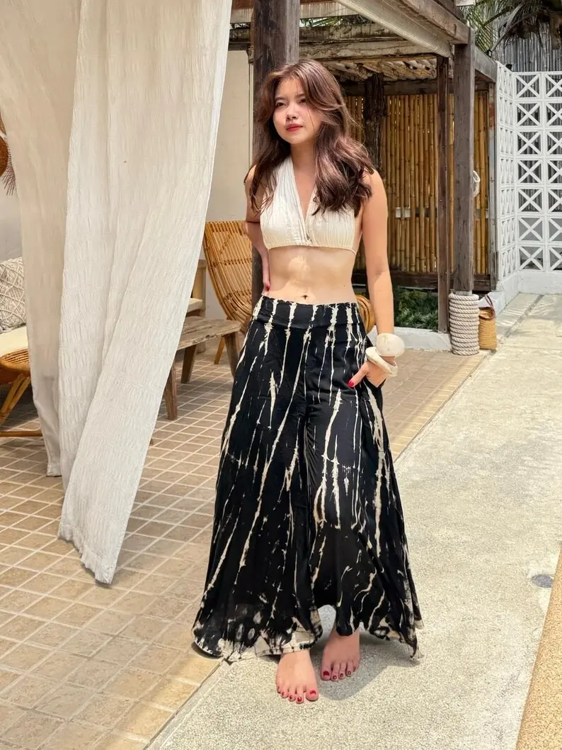 Black Boho Pants – Wide Leg Summer Pants – Lightweight Beachwear – Yoga Lounge Pants – Bohemian Festival Outfit Vacation