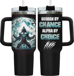 40oz Insulated Wolf Water Bottle with Handle, Straw, Lid & Set - "Human By Chance Alpha By Choice" Animal Spirit Drinkware, Father's Day Gift for Him & Dad