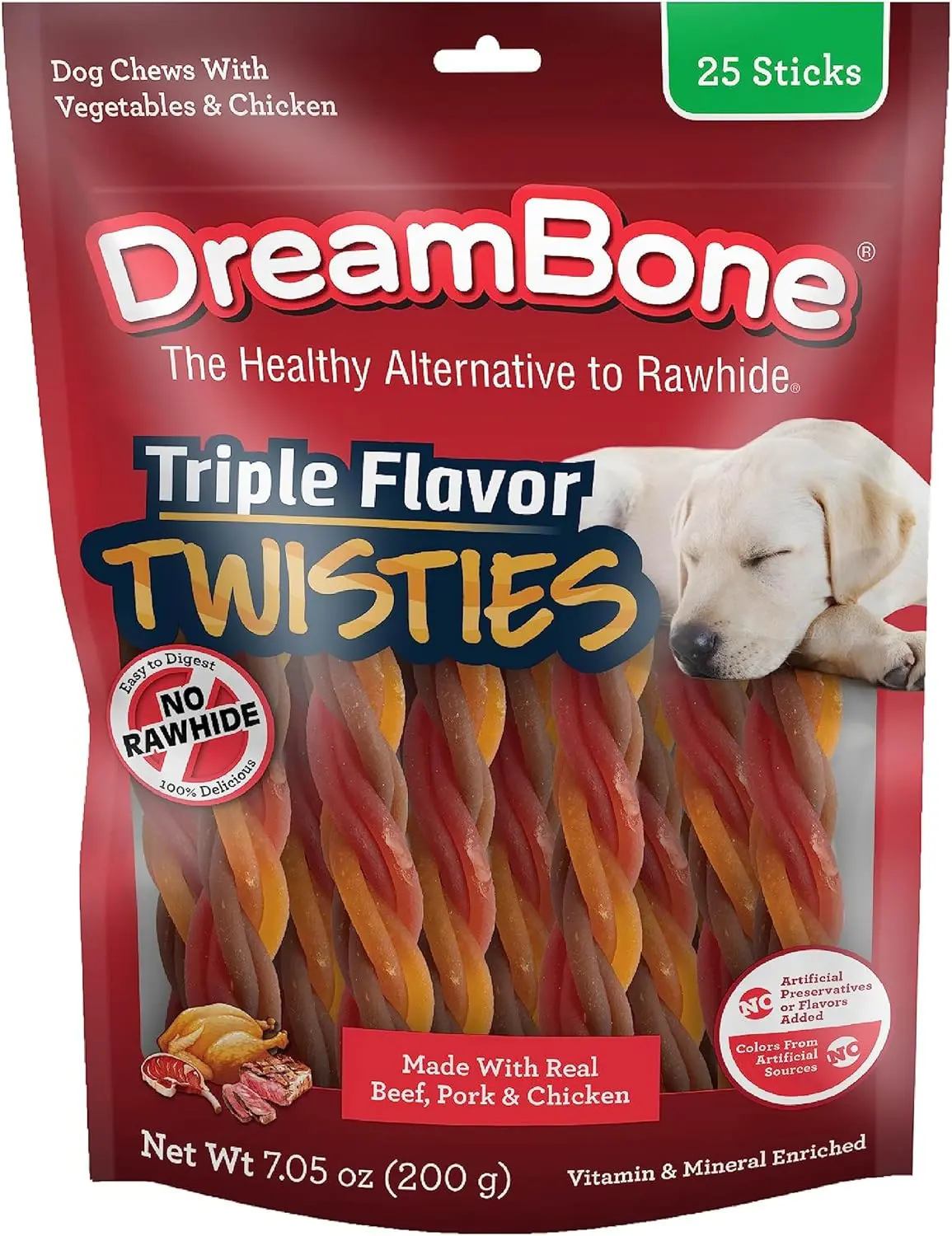 DreamBone Triple Flavor Twisties Dog Treats, Daily Rawhide-Free Chew, Digests Safely, with Real Protein, Beef, Pork, Chicken and Veggies, 25 Count