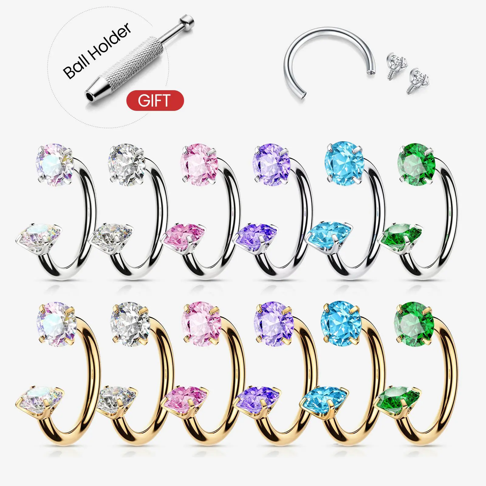 Titanium 20G/18G/16G Horseshoe Nose Ring(Free Ball Holder) Internally Threaded Gems,Earring Daith Cartilage Helix,Piercing Jewelry