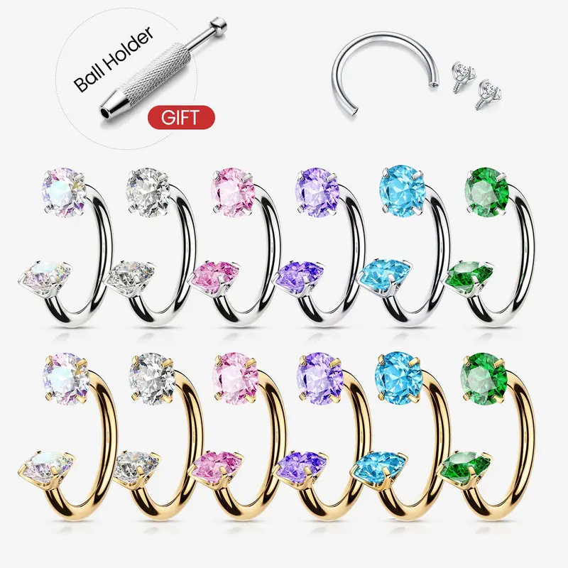 Titanium 20G/18G/16G Horseshoe Nose Ring(Free Ball Holder) Internally Threaded Gems,Earring Daith Cartilage Helix,Piercing Jewelry